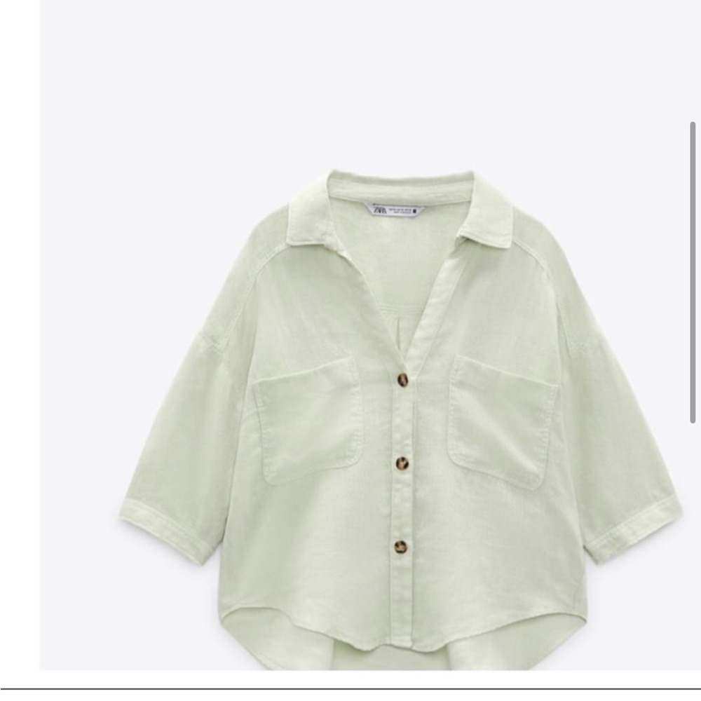 Zara Pistachio Green Linen Short Sleeve
Button Up Shirt